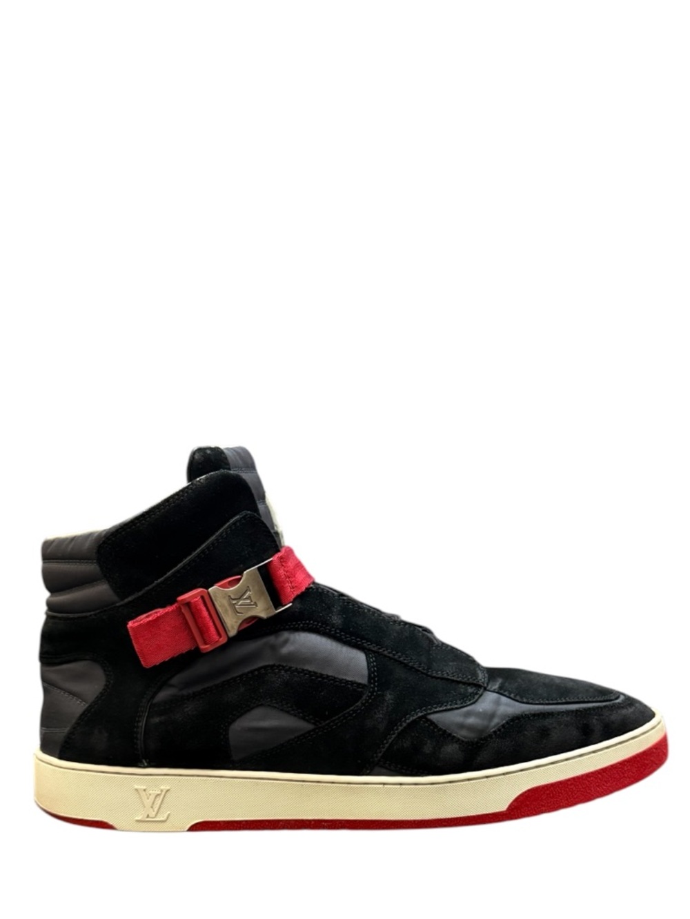 LOUIS VUITTON - BLACK RED GRAY WHITE NYLON SUEDE “SLIPSTREAM” HIGH TOP SNEAKERS - Picture 4 of 15